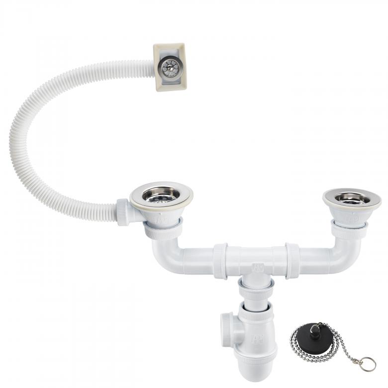 Double-bowl sink waste with overflow + chain — SOPAL