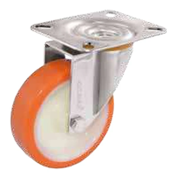 Swivel caster in sheet steel, with screw mounting plate, polyamide wheel with polyurethane tread by ACEM — 811000