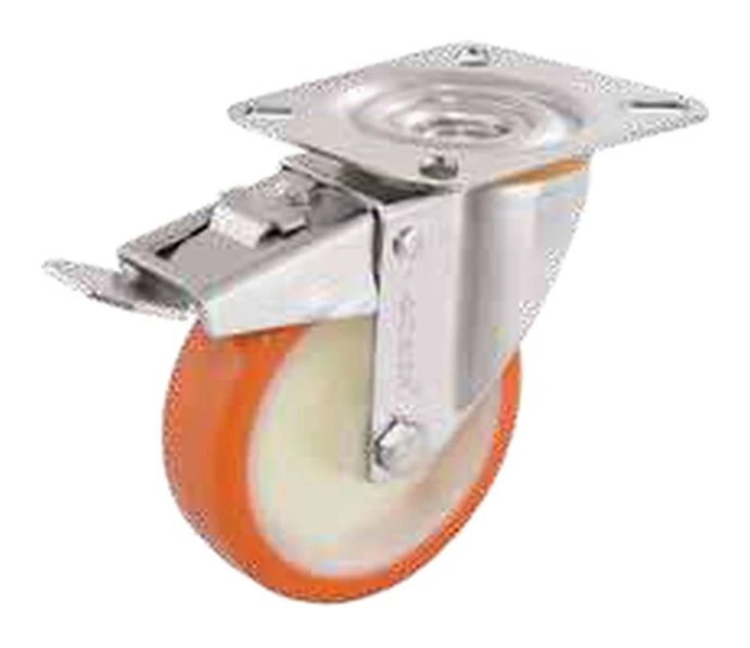 Swivel caster with brake in sheet steel, with screw mounting plate, polyamide wheel with polyurethane tread by ACEM — 814000