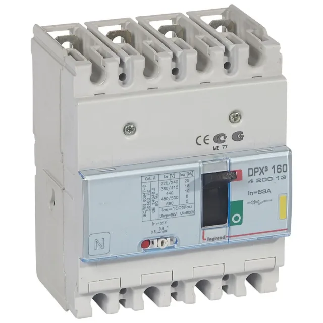 Legrand DPX³ 160 thermal-magnetic moulded-case circuit breaker — 63A, 4 poles, 16kA Icu at 400V, IP30 — 420013