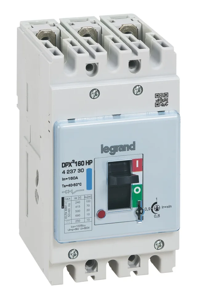 Disjoncteur magnéto-thermique 160A – DPX³ 160HP – Pouvoir de coupure 70kA – 3 pôles – Plage de réglage 125A à 160A — Legrand — 423730