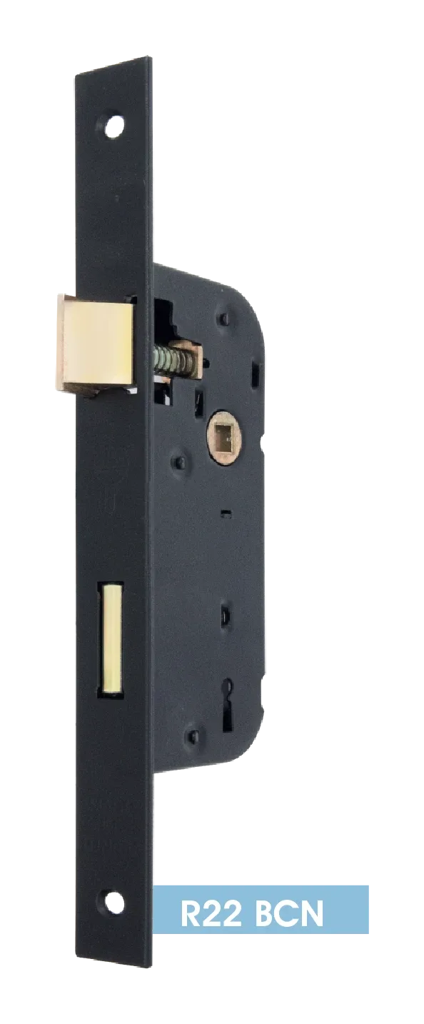 R22 BCN mortise key lock — black, square ends