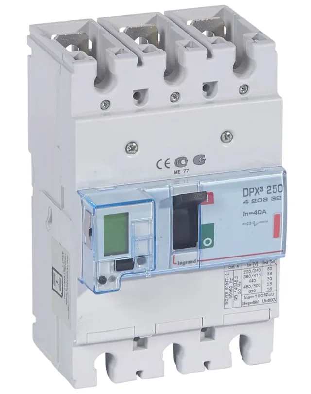 Legrand DPX³ 250 electronic moulded-case circuit breaker — 40A, 3 poles, 36kA Icu at 400V, IP30 — 420332