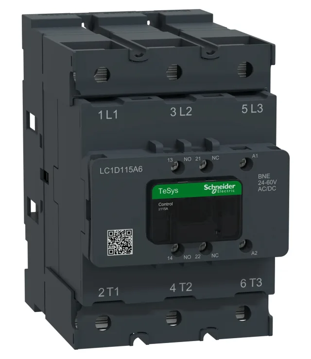 TeSys Deca Advanced LC1D115A6BNE contactor — 3P, 55 kW / 400 V, 24 to 60 V AC/DC control