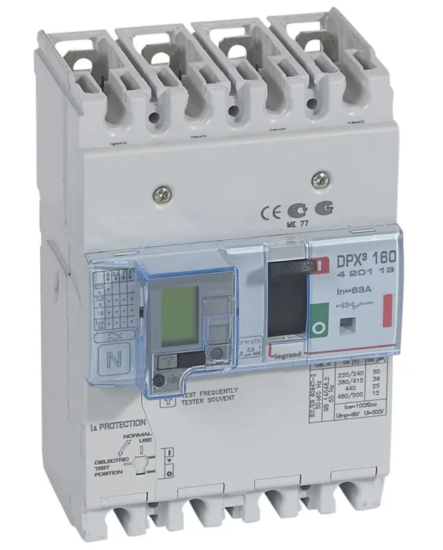 Disjoncteur magnétothermique différentiel DPX³160 pouvoir de coupure 36kA 400V~ – 4P – 63A — Legrand — 420113