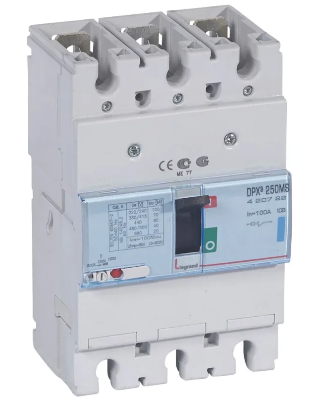 Legrand DPX³ 250 magnetic-only moulded-case circuit breaker — 100A, 3 poles, 70kA Icu at 400V, IP30 — 420722