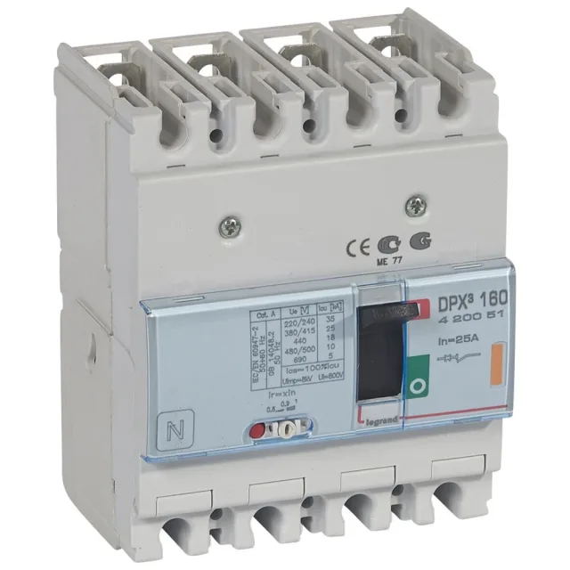 Disjoncteur magnétothermique DPX³160 pouvoir de coupure 25kA 400V~ – 4P – 25A — Legrand — 420051