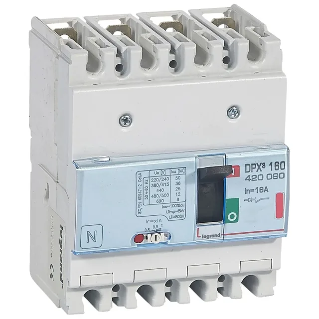 Legrand DPX³ 160 thermal-magnetic moulded-case circuit breaker — 16A, 4 poles, 36kA Icu at 400V, IP30 — 420090