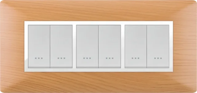 STIEL ALPHA Élégance 6-module rectangular teak wood effect cover plate with chrome trim