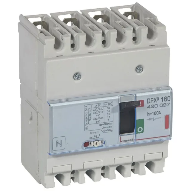 Legrand DPX³ 160 thermal-magnetic moulded-case circuit breaker — 160A, 4 poles, 36kA Icu at 400V, IP30 — 420097