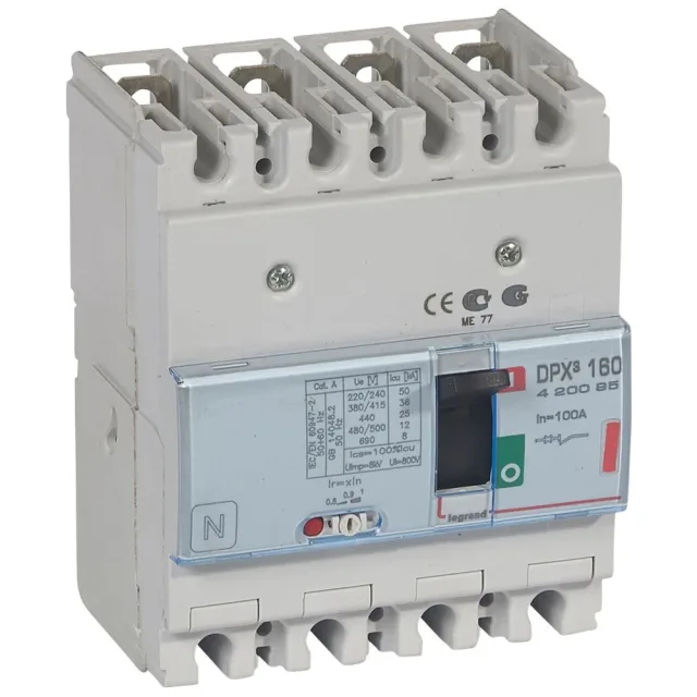 Legrand DPX³ 160 thermal-magnetic moulded-case circuit breaker — 100A, 4 poles, 36kA Icu at 400V, IP30 — 420095