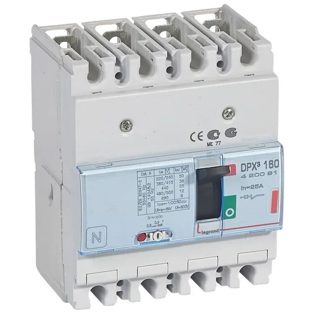 Disjoncteur magnétothermique DPX³160 pouvoir de coupure 36kA 400V~ – 4P – 25A — Legrand — 420091