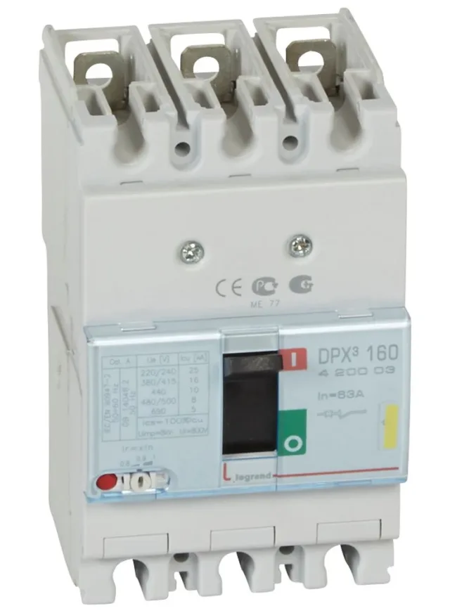 Legrand DPX³ 160 thermal-magnetic moulded-case circuit breaker — 63A, 3 poles, 16kA Icu at 400V, IP30 — 420003
