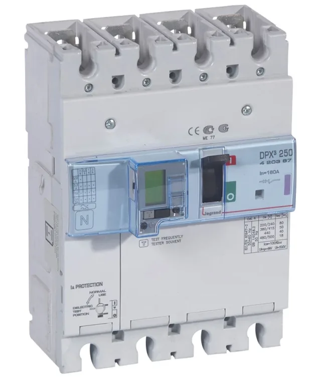 Legrand DPX³ 250 electronic moulded-case circuit breaker — 160A, 4 poles, 50kA Icu at 400V, IP30 — 420387