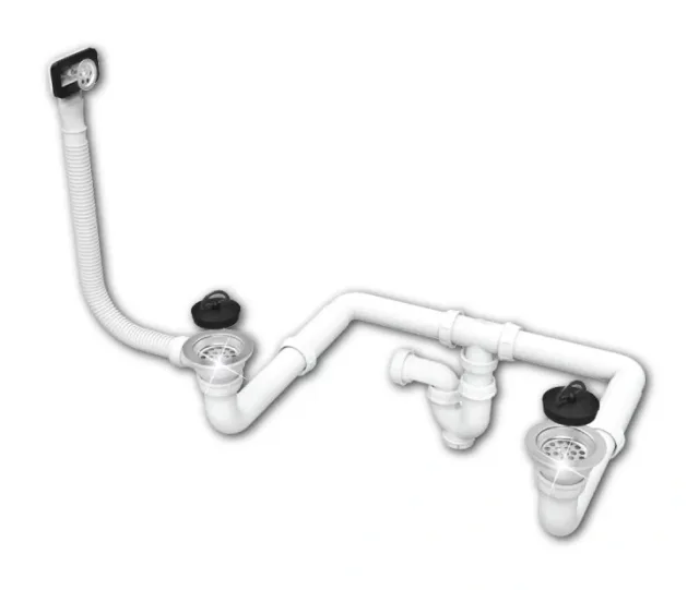 Waste kit for ceramic sink double bowl Cross trap with overflow + ring space-saving — EJIM JCU3048