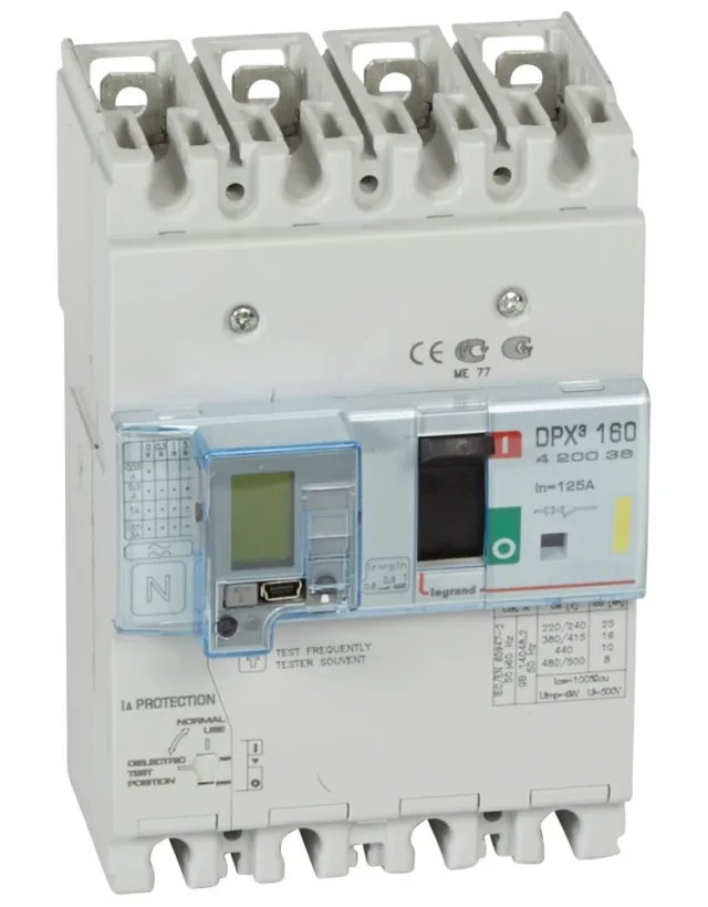 Legrand DPX³ 160 thermal-magnetic moulded-case circuit breaker — 125A, 4 poles, 16kA Icu at 400V, IP30 — 420036