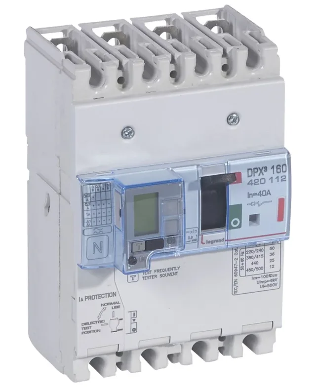 Legrand DPX³ 160 thermal-magnetic moulded-case circuit breaker — 40A, 4 poles, 36kA Icu at 400V, IP30 — 420112