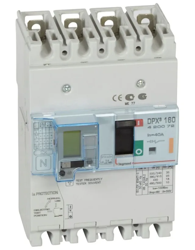 Legrand DPX³ 160 thermal-magnetic moulded-case circuit breaker — 40A, 4 poles, 25kA Icu at 400V, IP30 — 420072
