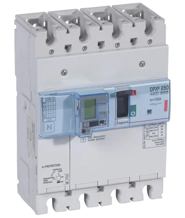 Legrand DPX³ 250 electronic moulded-case circuit breaker — 100A, 4 poles, 36kA Icu at 400V, IP30 — 420355
