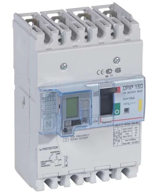 Disjoncteur magnétothermique différentiel DPX³160 pouvoir de coupure 16kA 400V~ – 4P – 16A — Legrand — 420030