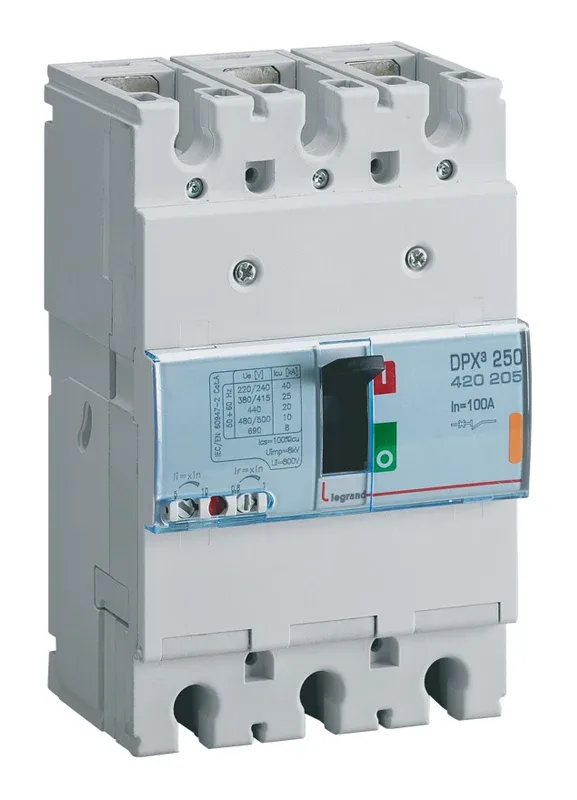 Legrand DPX³ 250 thermal-magnetic moulded-case circuit breaker — 100A, 3 poles, 25kA Icu at 400V, IP30 — 420205