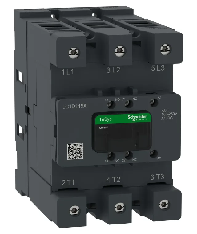TeSys Deca Advanced LC1D115AKUE contactor — 3P, 55 kW / 400 V, 100 to 250 V AC/DC control — Schneider Electric