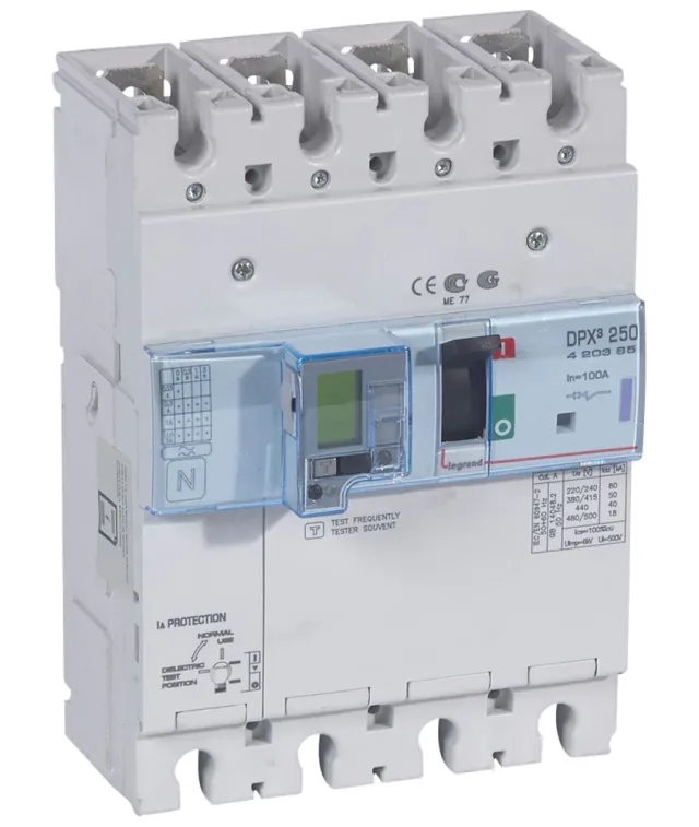 Disjoncteur électronique différentiel DPX³250 pouvoir de coupure 50kA 400V~ – 4P – 100A — Legrand — 420385