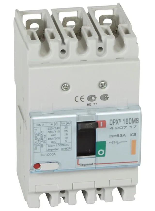 Legrand DPX³ 160 magnetic-only moulded-case circuit breaker — 63A, 3 poles, 25kA Icu at 400V, IP30 — 420717