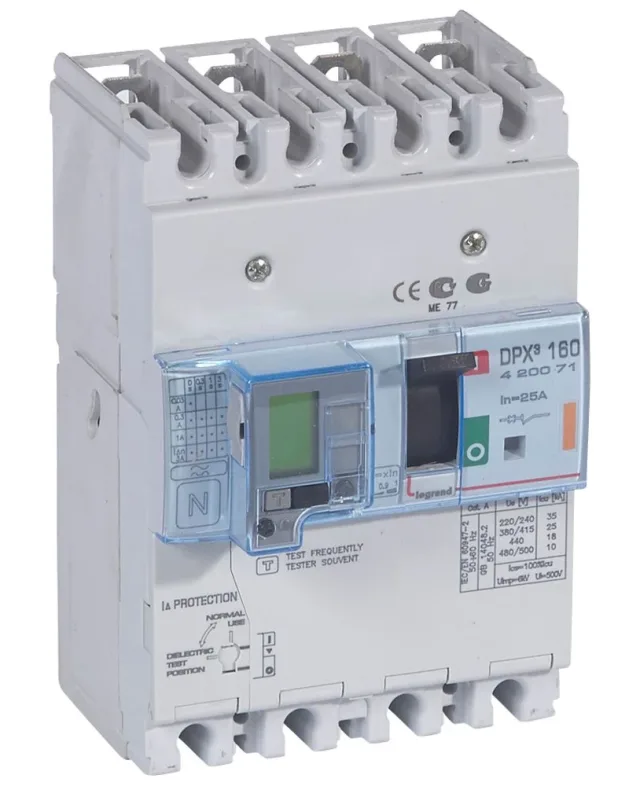 Disjoncteur magnétothermique différentiel DPX³160 pouvoir de coupure 25kA 400V~ – 4P – 25A — Legrand — 420071