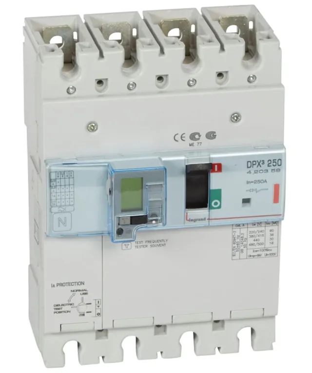 Legrand DPX³ 250 electronic moulded-case circuit breaker — 250A, 4 poles, 36kA Icu at 400V, IP30 — 420359