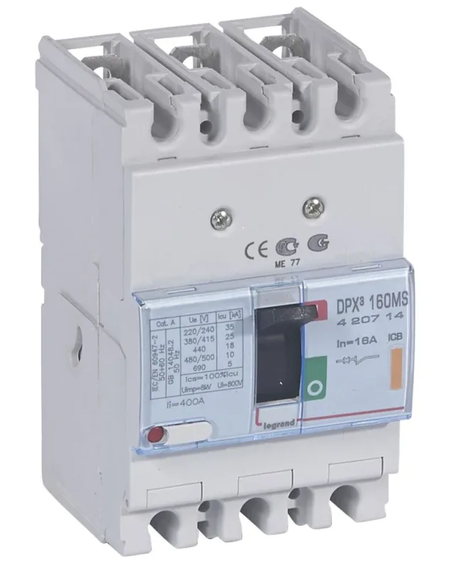 Disjoncteur magnétique fixe seul DPX³160 pouvoir de coupure 25kA 400V~ – 3P – 16A — Legrand — 420714