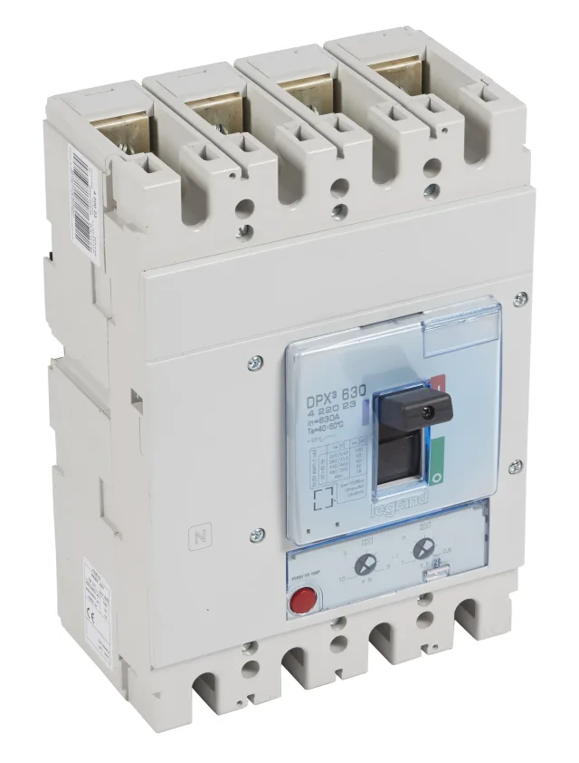 Legrand DPX³ 630 thermal-magnetic moulded-case circuit breaker — 630A, 4 poles, 50kA Icu at 400V, IP30 — 422023