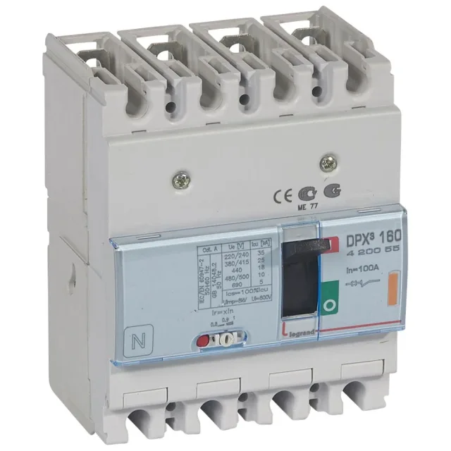Legrand DPX³ 160 thermal-magnetic moulded-case circuit breaker — 100A, 4 poles, 25kA Icu at 400V, IP30 — 420055