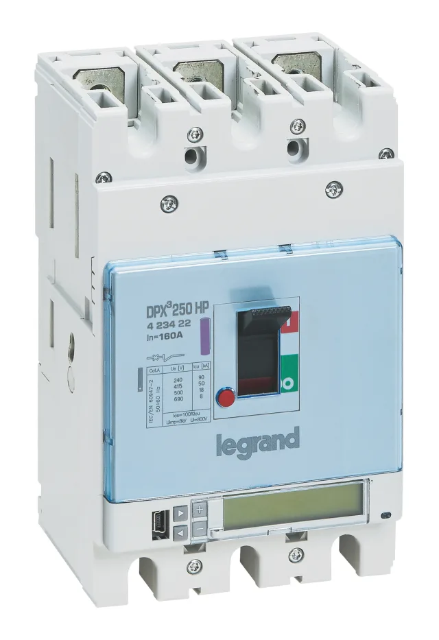 Legrand DPX³ 250 HP electronic S10 moulded-case circuit breaker — 160A, 3 poles, 50kA Icu at 400V, IP30 — 423422