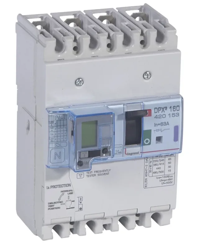 Legrand DPX³ 160 thermal-magnetic moulded-case circuit breaker — 63A, 4 poles, 50kA Icu at 400V, IP30 — 420153