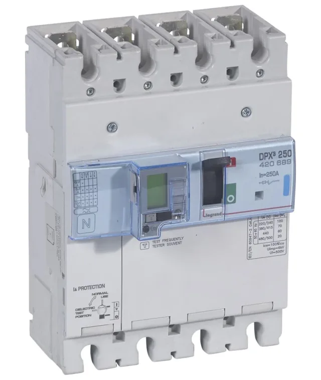 Legrand DPX³ 250 electronic moulded-case circuit breaker — 250A, 4 poles, 70kA Icu at 400V, IP30 — 420689