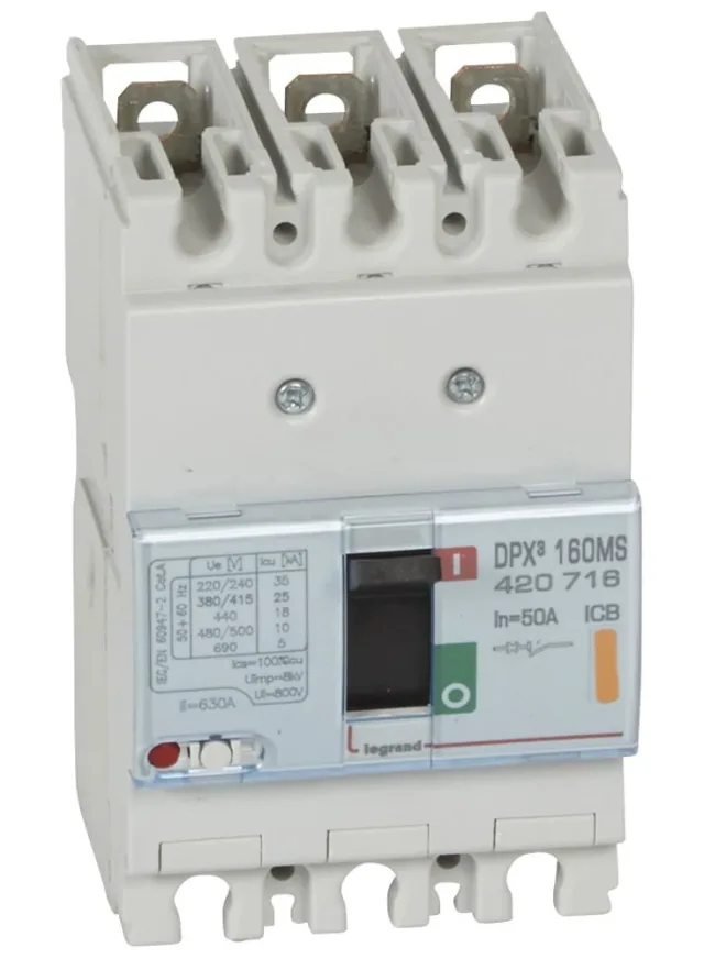 Legrand DPX³ 160 magnetic-only moulded-case circuit breaker — 50A, 3 poles, 25kA Icu at 400V, IP30 — 420716