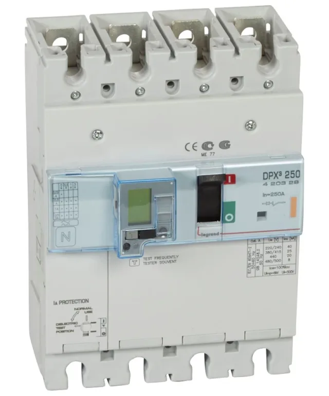 Disjoncteur électronique différentiel DPX³250 pouvoir de coupure 25kA 400V~ – 4P – 250A — Legrand — 420329