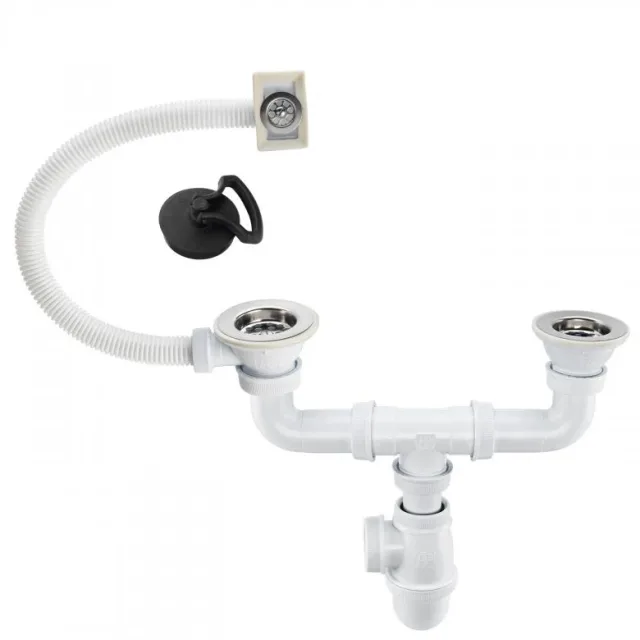 Double-bowl sink waste with overflow + ring — SOPAL