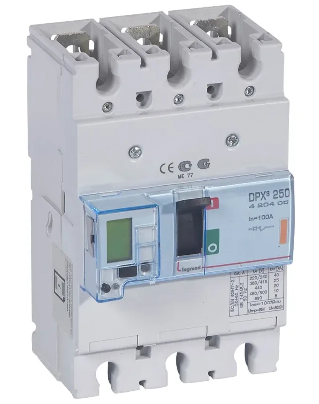 Legrand DPX³ 250 electronic moulded-case circuit breaker — 100A, 3 poles, 25kA Icu at 400V, IP30 — 420405
