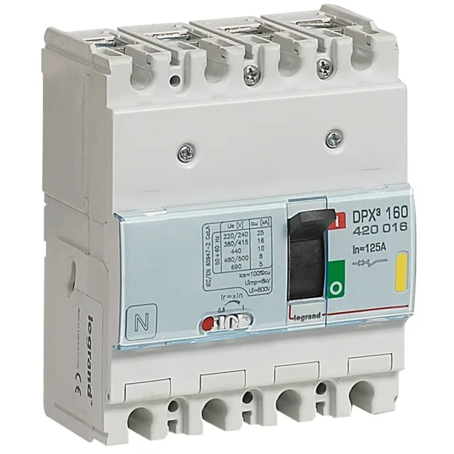 Legrand DPX³ 160 thermal-magnetic moulded-case circuit breaker — 125A, 4 poles, 16kA Icu at 400V, IP30 — 420016