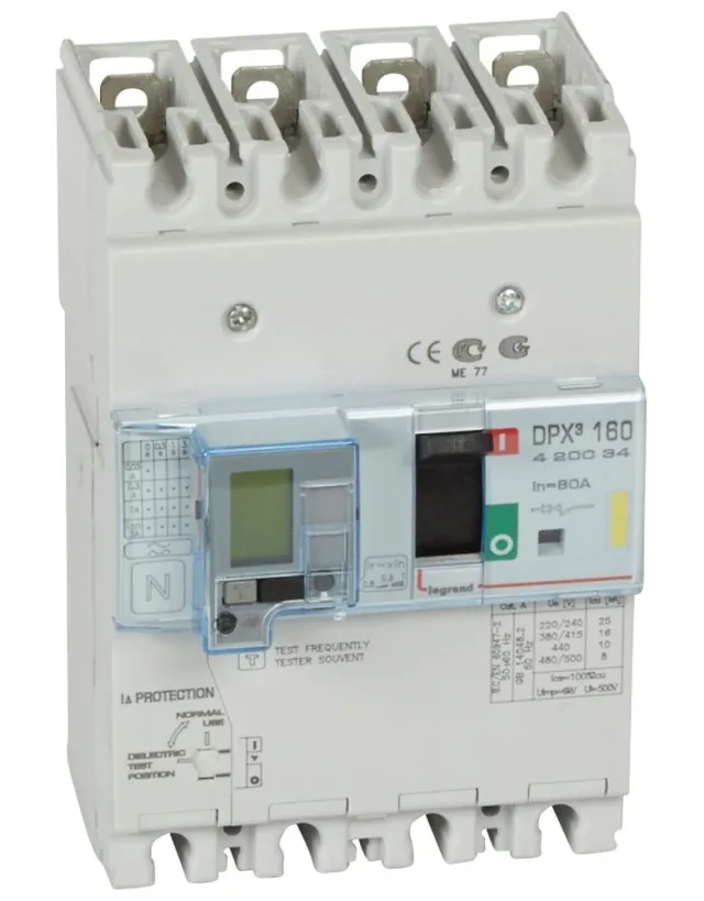 Disjoncteur magnétothermique différentiel DPX³160 pouvoir de coupure 16kA 400V~ – 4P – 80A — Legrand — 420034