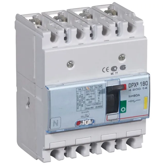 Legrand DPX³ 160 thermal-magnetic moulded-case circuit breaker — 80A, 4 poles, 16kA Icu at 400V, IP30 — 420014