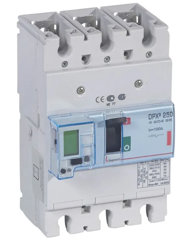 Legrand DPX³ 250 electronic moulded-case circuit breaker — 100A, 3 poles, 36kA Icu at 400V, IP30 — 420435