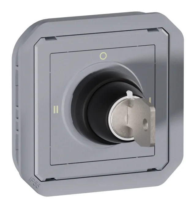 Interrupteur à clé Ronis n°455 3 positions avec marquage I O II étanche Plexo 3A 250V avec enjoliveur gris — Legrand — 069535L