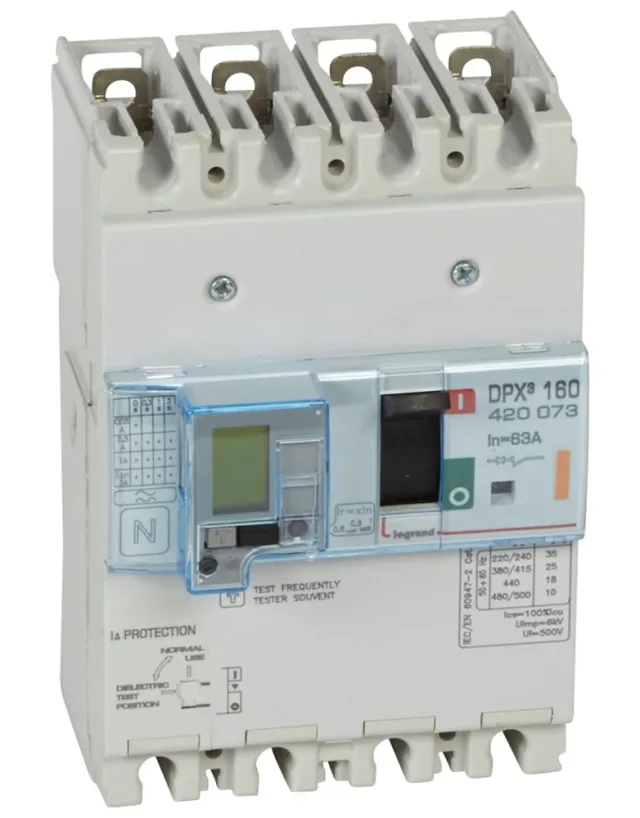 Disjoncteur magnétothermique différentiel DPX³160 pouvoir de coupure 25kA 400V~ – 4P – 63A — Legrand — 420073