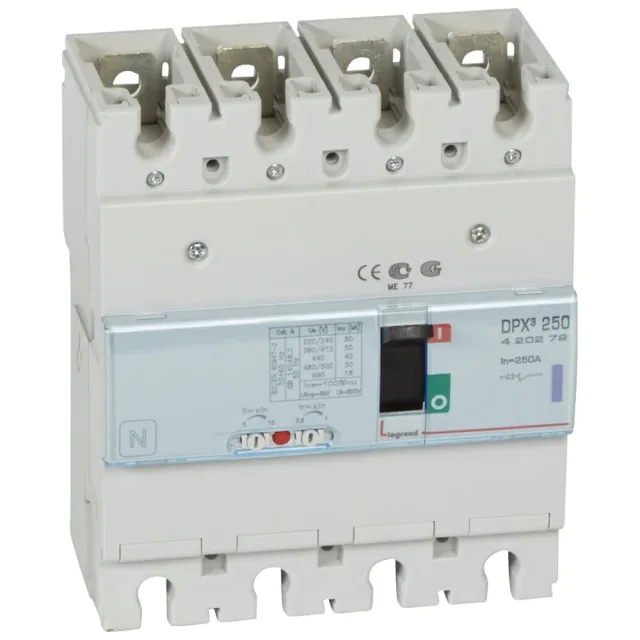 Legrand DPX³ 250 thermal-magnetic moulded-case circuit breaker — 250A, 4 poles, 50kA Icu at 400V, IP30 — 420279