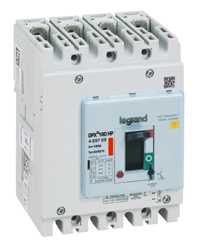 Disjoncteur magnéto-thermique 160A – DPX³ 160HP – Pouvoir de coupure 36kA – 4 pôles – Plage de réglage 125A à 160A + différentiel — Legrand — 423723
