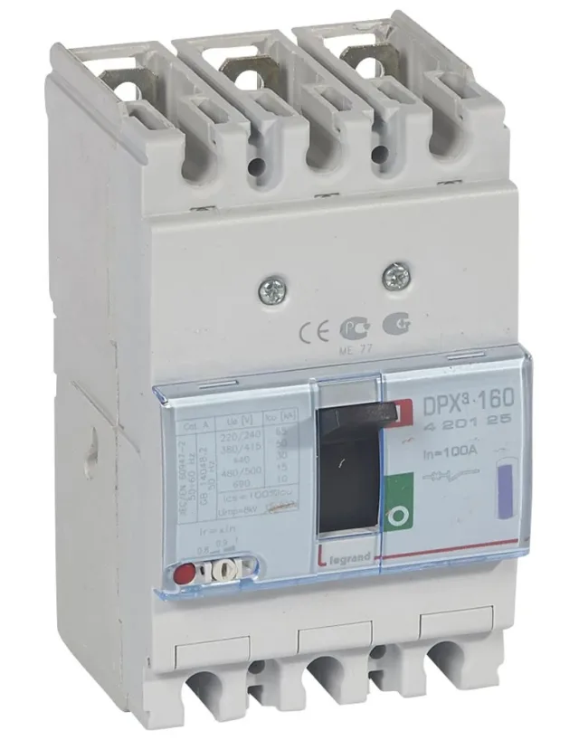 Legrand DPX³ 160 thermal-magnetic moulded-case circuit breaker — 100A, 3 poles, 50kA Icu at 400V, IP30 — 420125
