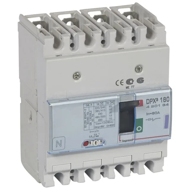 Disjoncteur magnétothermique DPX³160 pouvoir de coupure 50kA 400V~ – 4P – 80A — Legrand — 420134